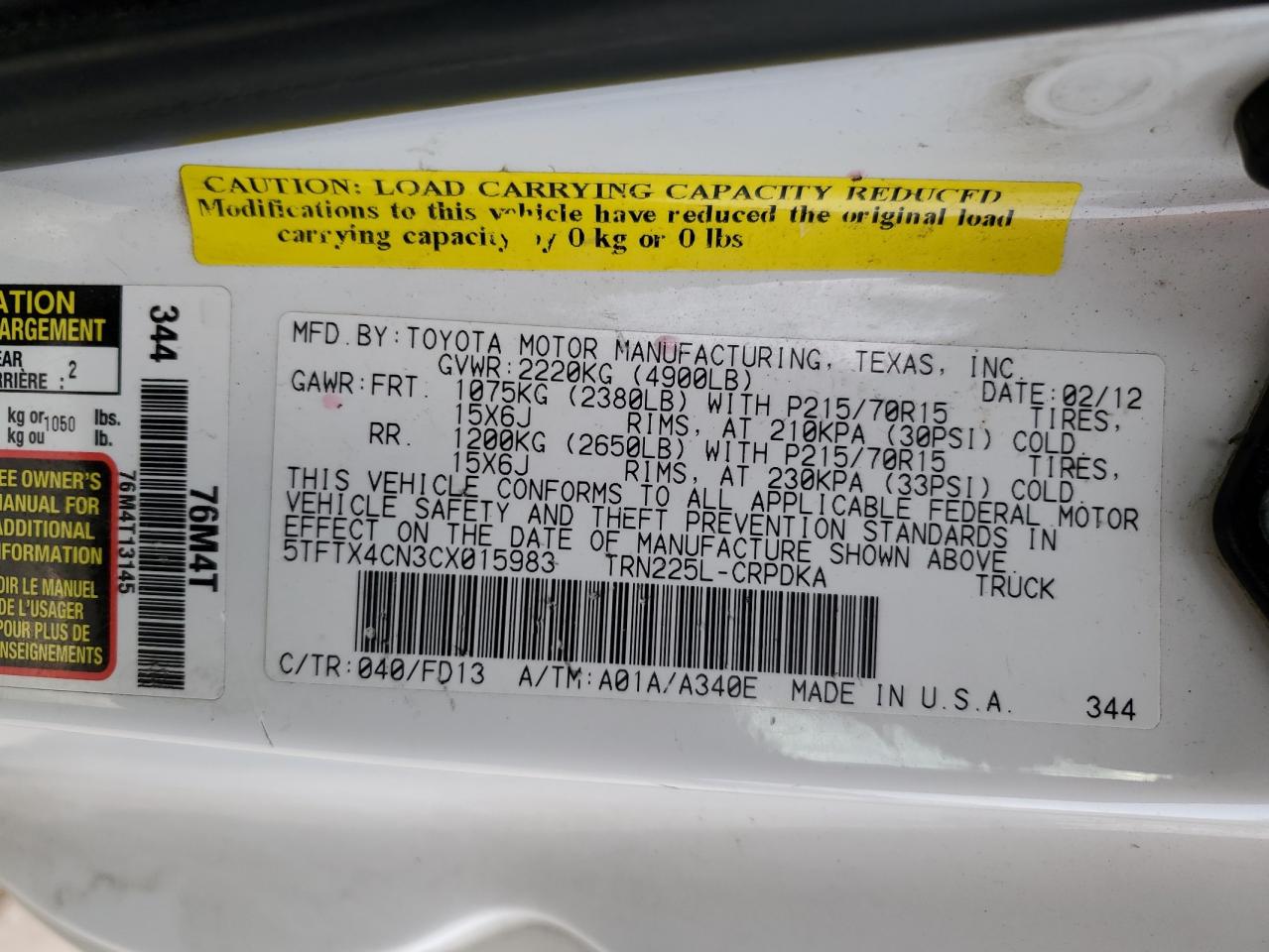 2012 Toyota Tacoma VIN 5TFTX4CN3CX015983 Copart auction photo, all over / minor dent/scratches damage thumbnail 13