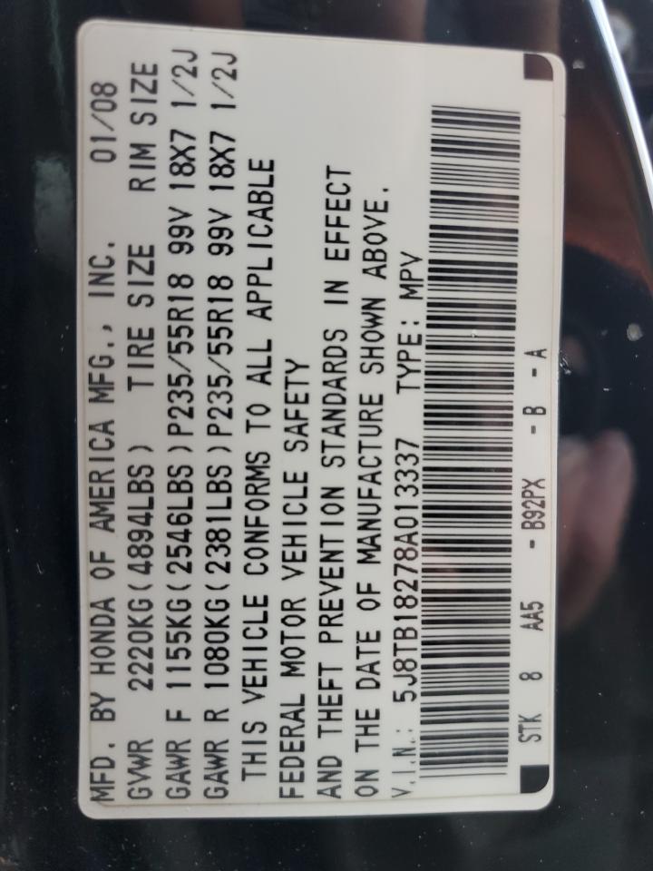 2008 Acura RDX VIN 5J8TB18278A013337 Copart auction photo, front end / side damage thumbnail 13