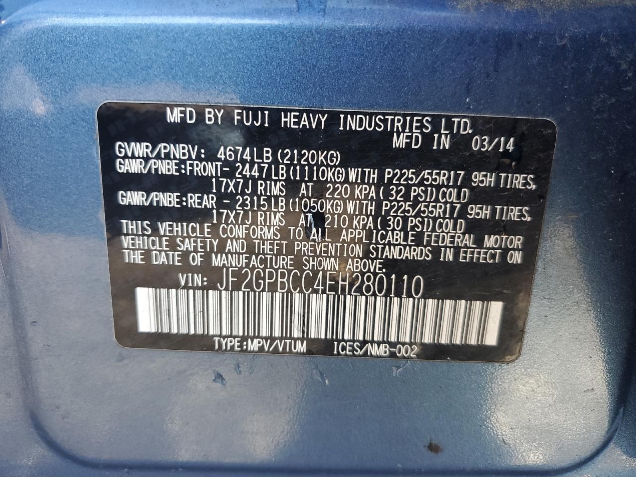 2014 Subaru XV VIN JF2GPBCC4EH280110 Copart auction photo, side / minor dent/scratches damage thumbnail 12