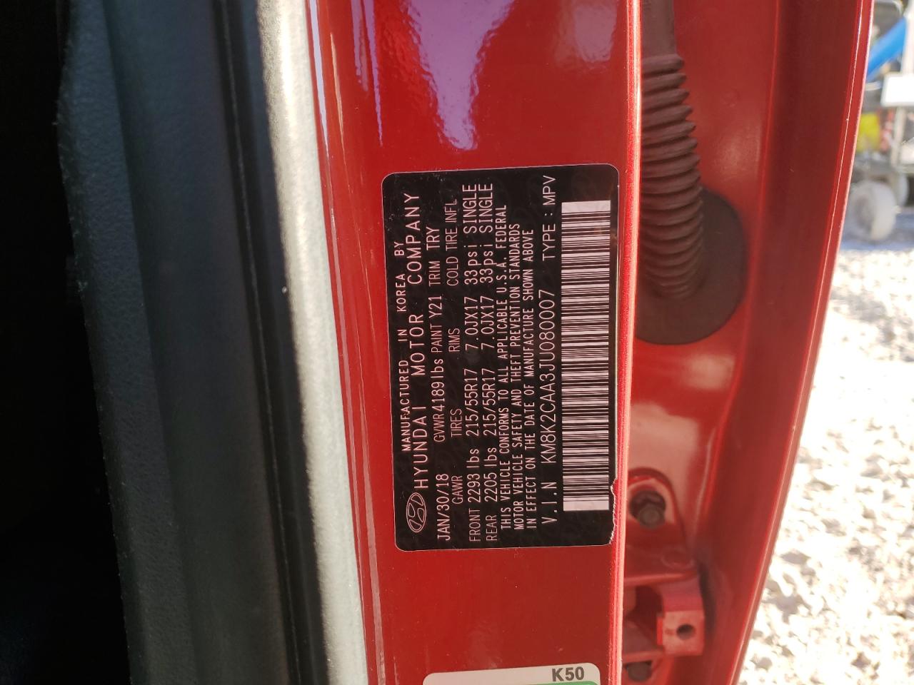 2018 Hyundai Kona VIN KM8K2CAA3JU080007 Copart auction photo, top/roof damage thumbnail 12