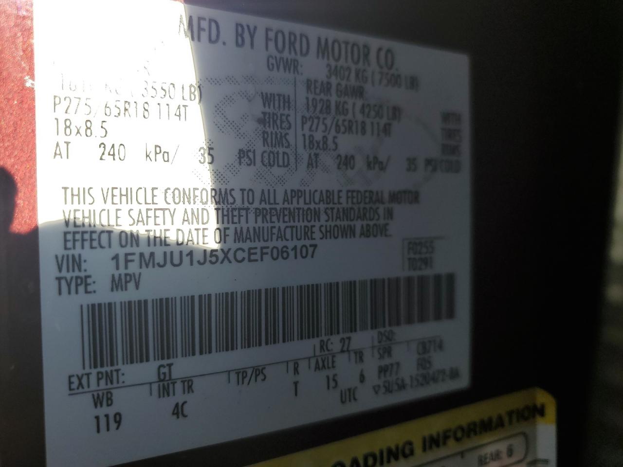 2012 Ford Expedition VIN 1FMJU1J5XCEF06107 Copart auction photo, front end damage thumbnail 12