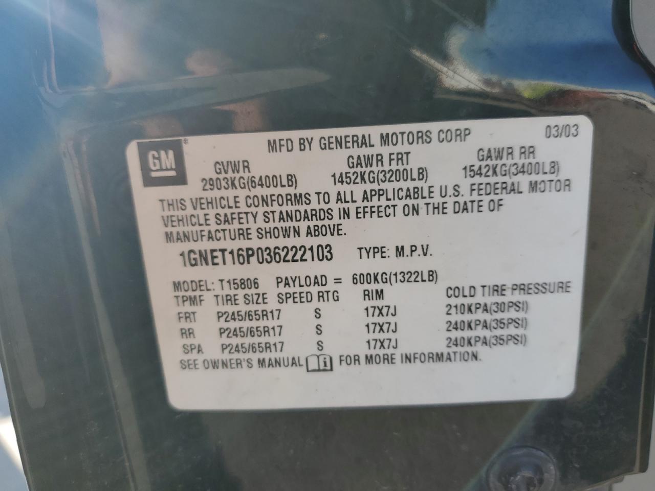 2003 Chevrolet TrailBlazer VIN 1GNET16P036222103 Copart auction photo, biohazard/chemical / front end damage thumbnail 13