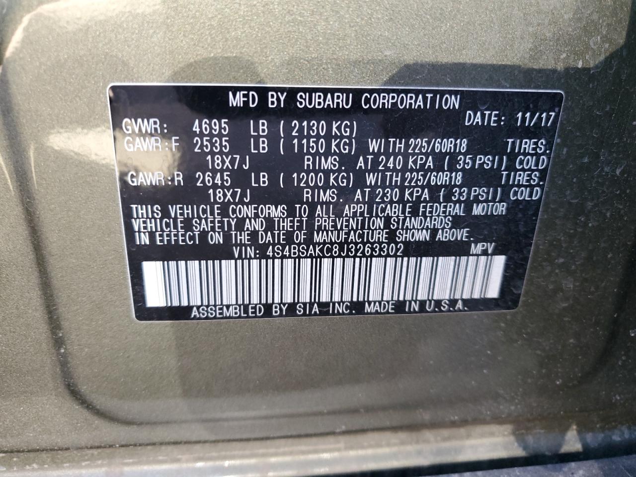 2018 Subaru Outback VIN 4S4BSAKC8J3263302 Copart auction photo, front end / side damage thumbnail 14