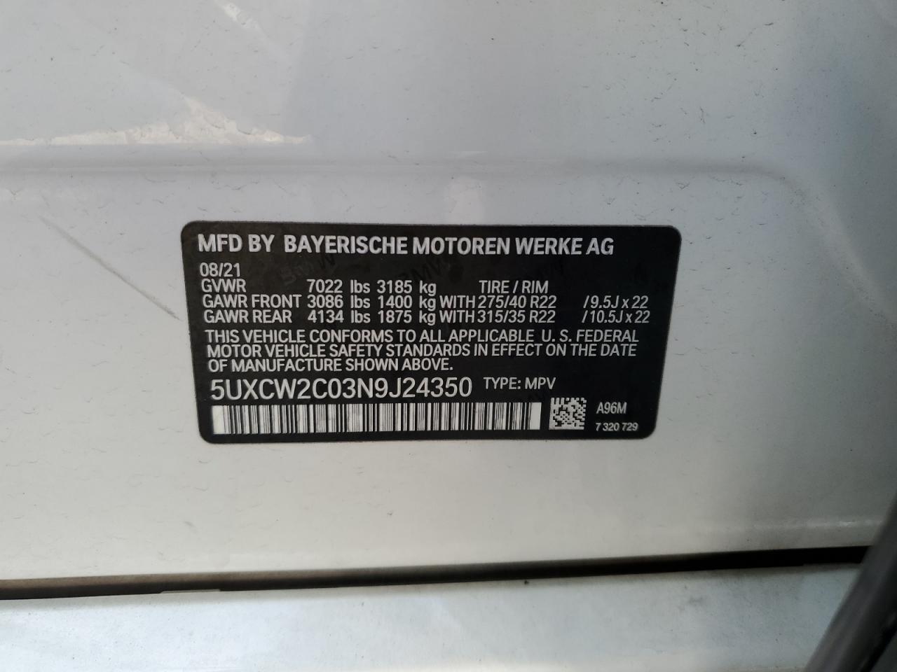 2022 BMW X7 VIN 5UXCW2C03N9J24350 Copart auction photo, front end / undercarriage damage thumbnail 12