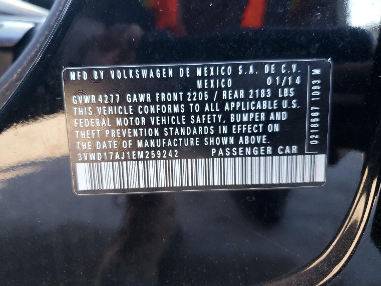 2014 Volkswagen Jetta VIN 3VWD17AJ1EM259242 Copart auction photo, minor dent/scratches damage thumbnail 12