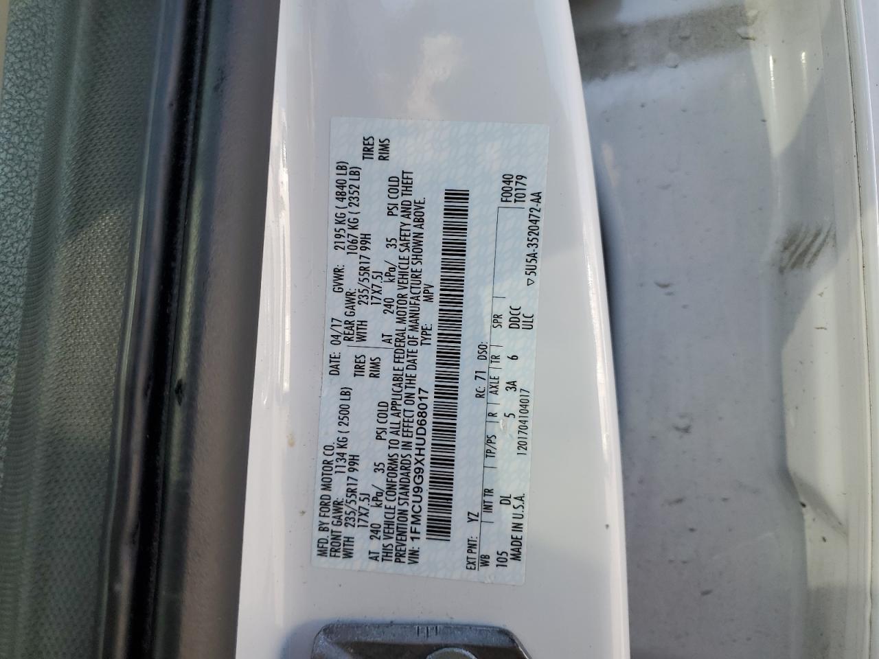 2017 Ford Escape VIN 1FMCU9G9XHUD68017 Copart auction photo, front end / side damage thumbnail 14