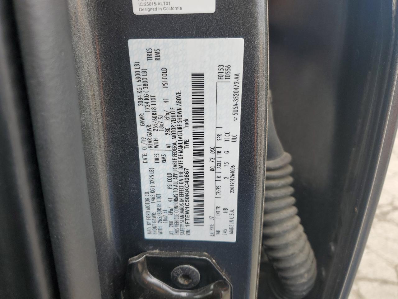 2019 Ford F-150 VIN 1FTEW1C50KKC40867 Copart auction photo, front end damage thumbnail 14