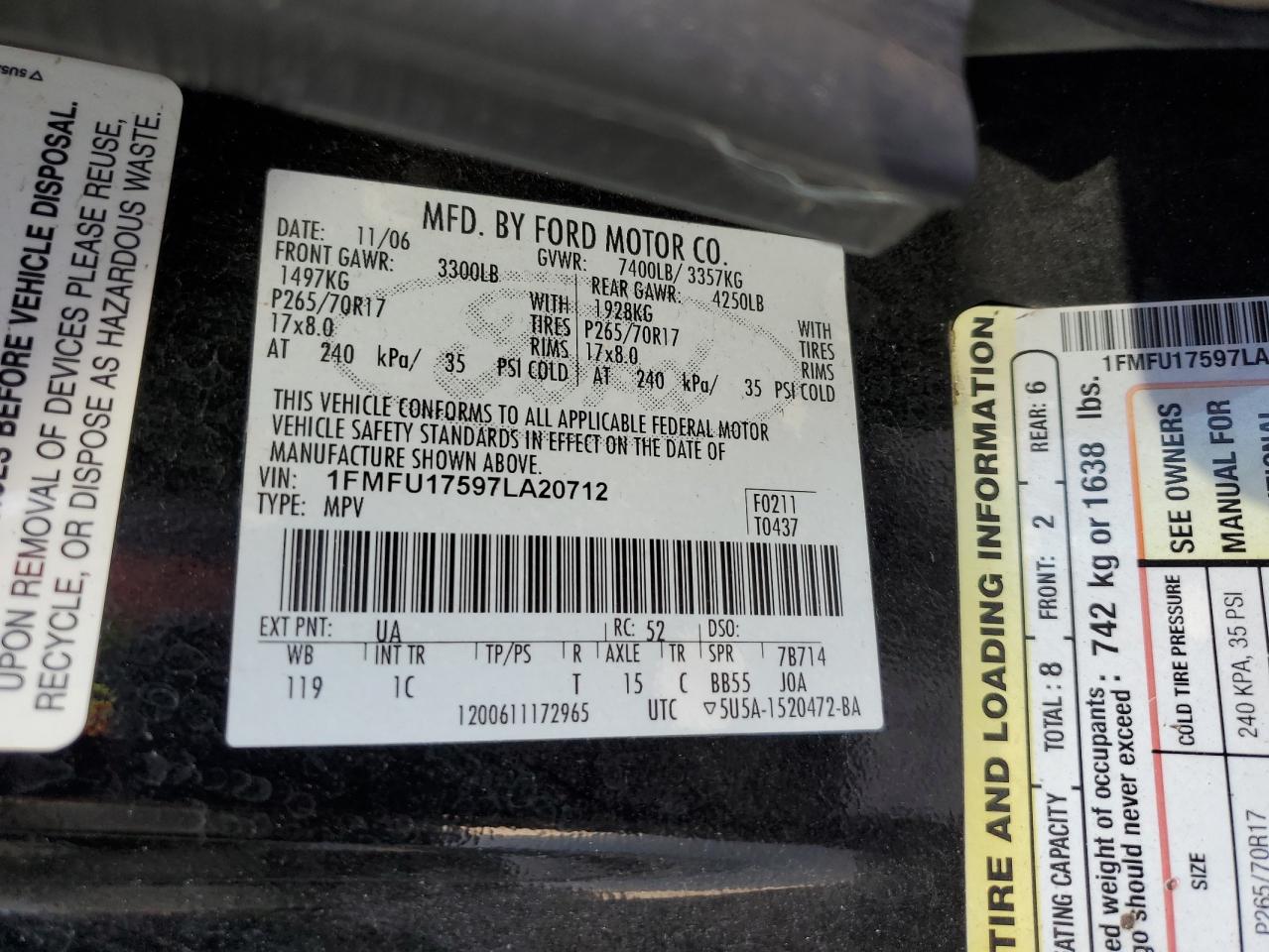 2007 Ford Expedition VIN 1FMFU17597LA20712 Copart auction photo, front end damage thumbnail 13
