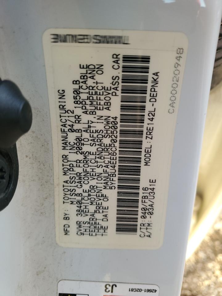 2012 Toyota Corolla VIN 5YFBU4EE6CP025004 Copart auction photo, rear end / undercarriage damage thumbnail 12