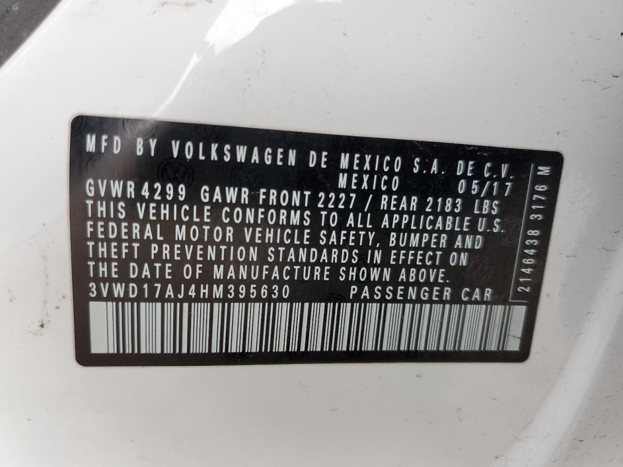 2017 Volkswagen Jetta VIN 3VWD17AJ4HM395630 Copart auction photo, side / front end damage thumbnail 14