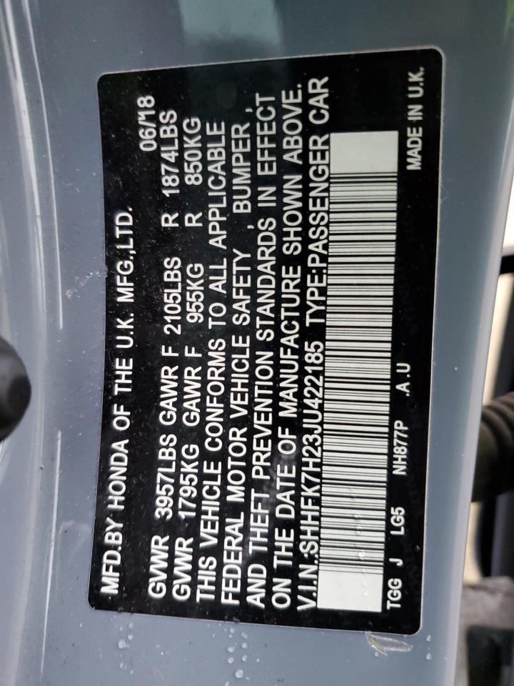 2018 Honda Civic VIN SHHFK7H23JU422185 Copart auction photo, front end damage thumbnail 14