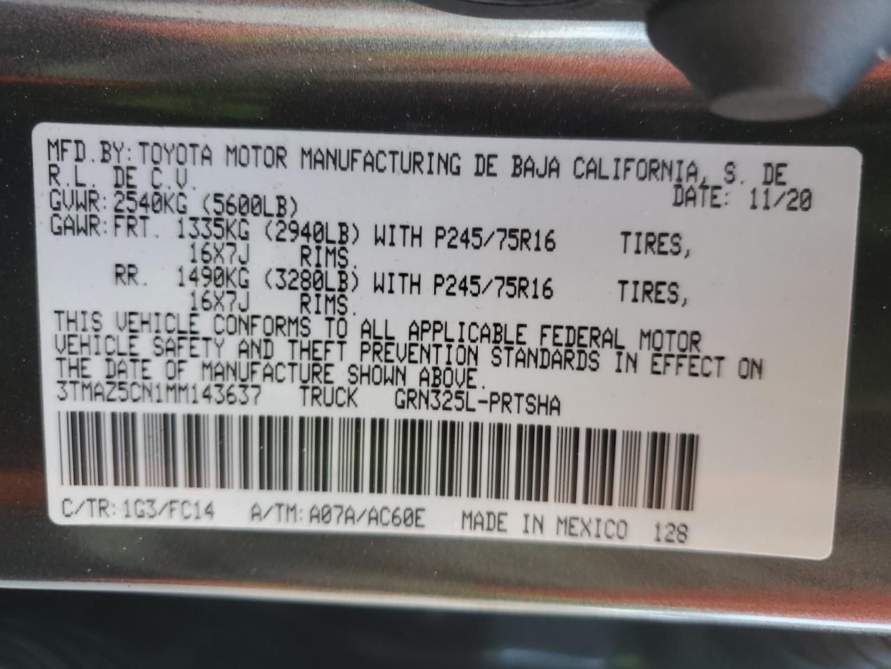 2021 Toyota Tacoma VIN 3TMAZ5CN1MM143637 Copart auction photo, front end / side damage thumbnail 12