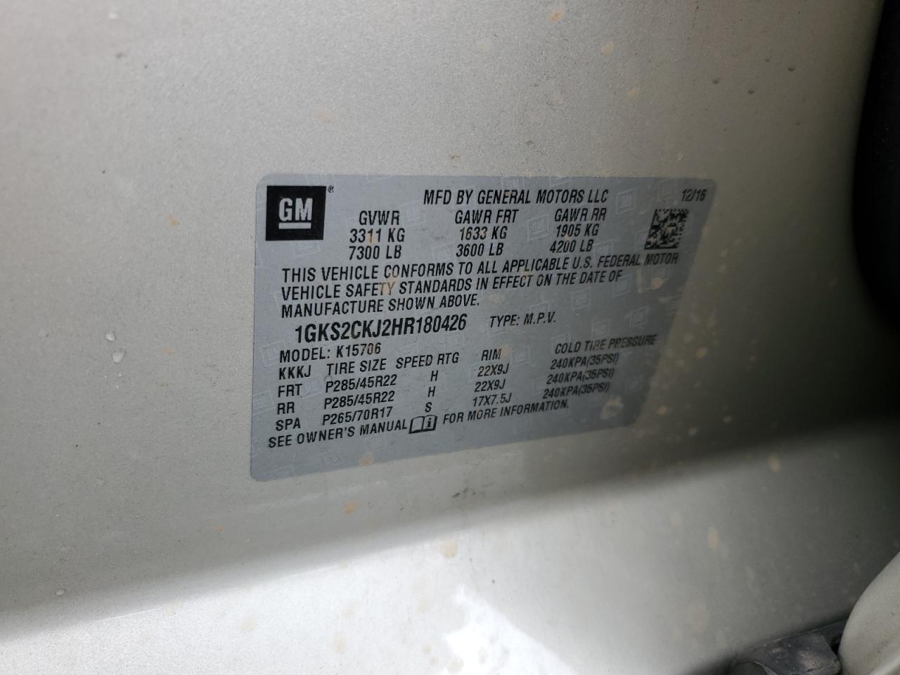 2017 GMC Yukon VIN 1GKS2CKJ2HR180426 Copart auction photo, all over damage thumbnail 15