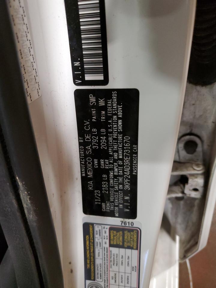 2024 KIA Forte VIN 3KPF24AD3RE731670 Copart auction photo, front end / stripped damage thumbnail 13