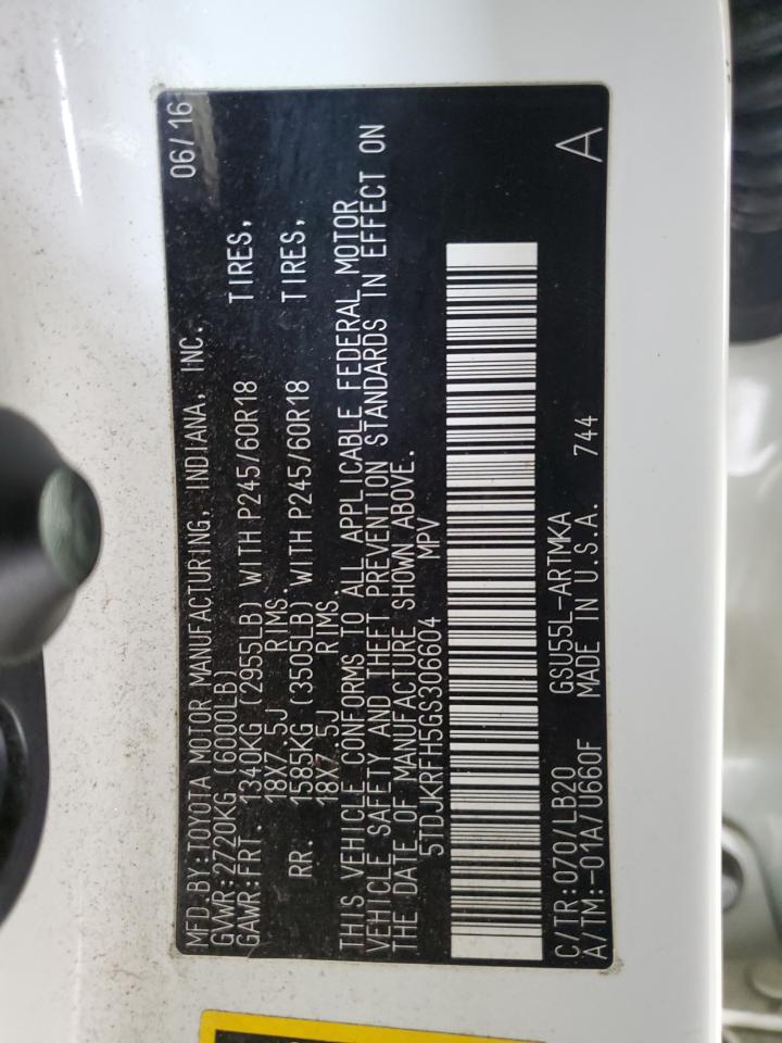 2016 Toyota Highlander VIN 5TDJKRFH5GS306604 Copart auction photo, front end damage thumbnail 13