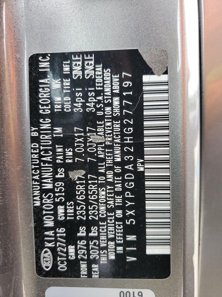 2017 KIA Sorento VIN 5XYPGDA32HG277197 Copart auction photo, all over damage thumbnail 16