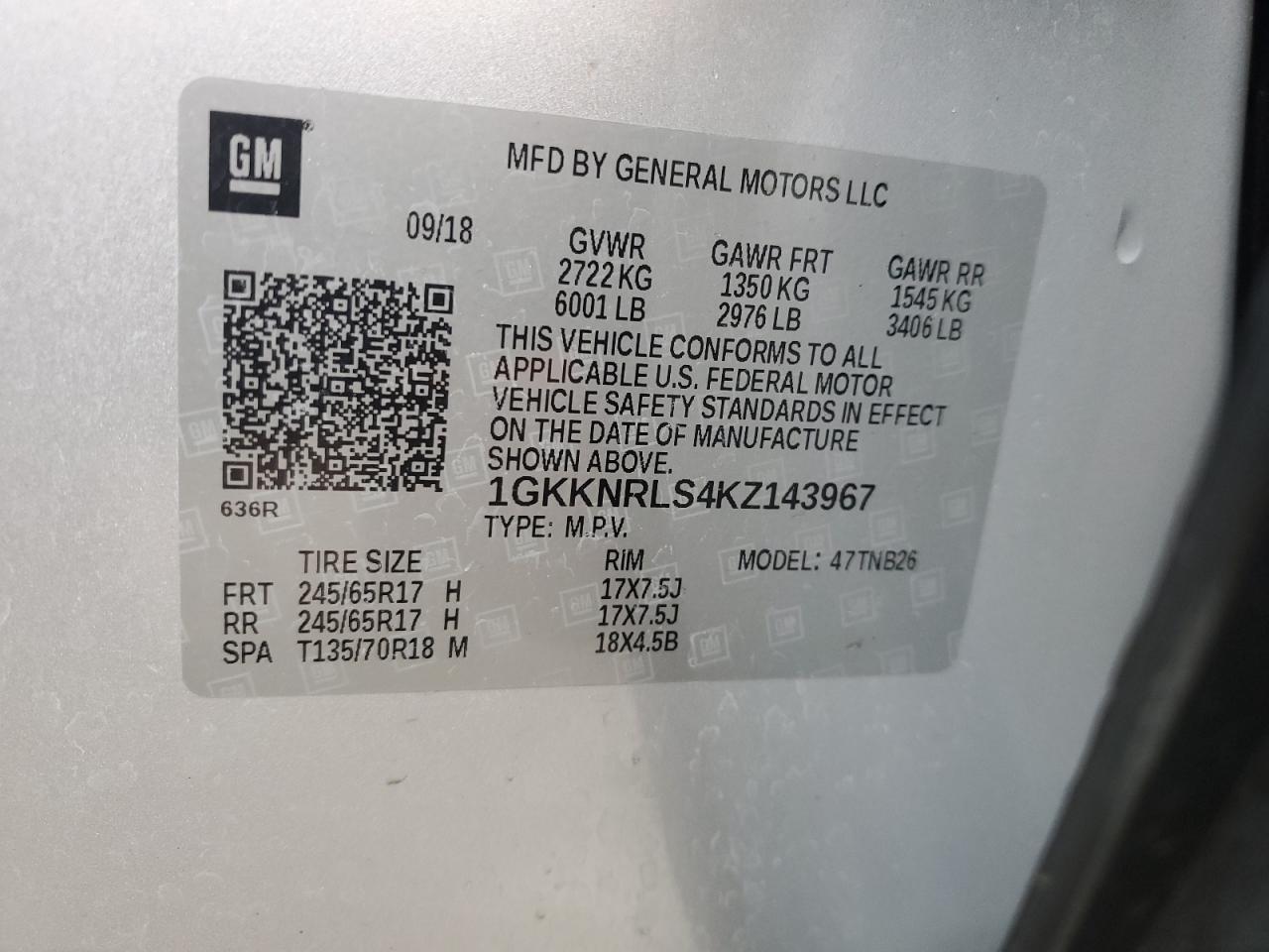 2019 GMC Acadia VIN 1GKKNRLS4KZ143967 Copart auction photo, rear end damage thumbnail 16