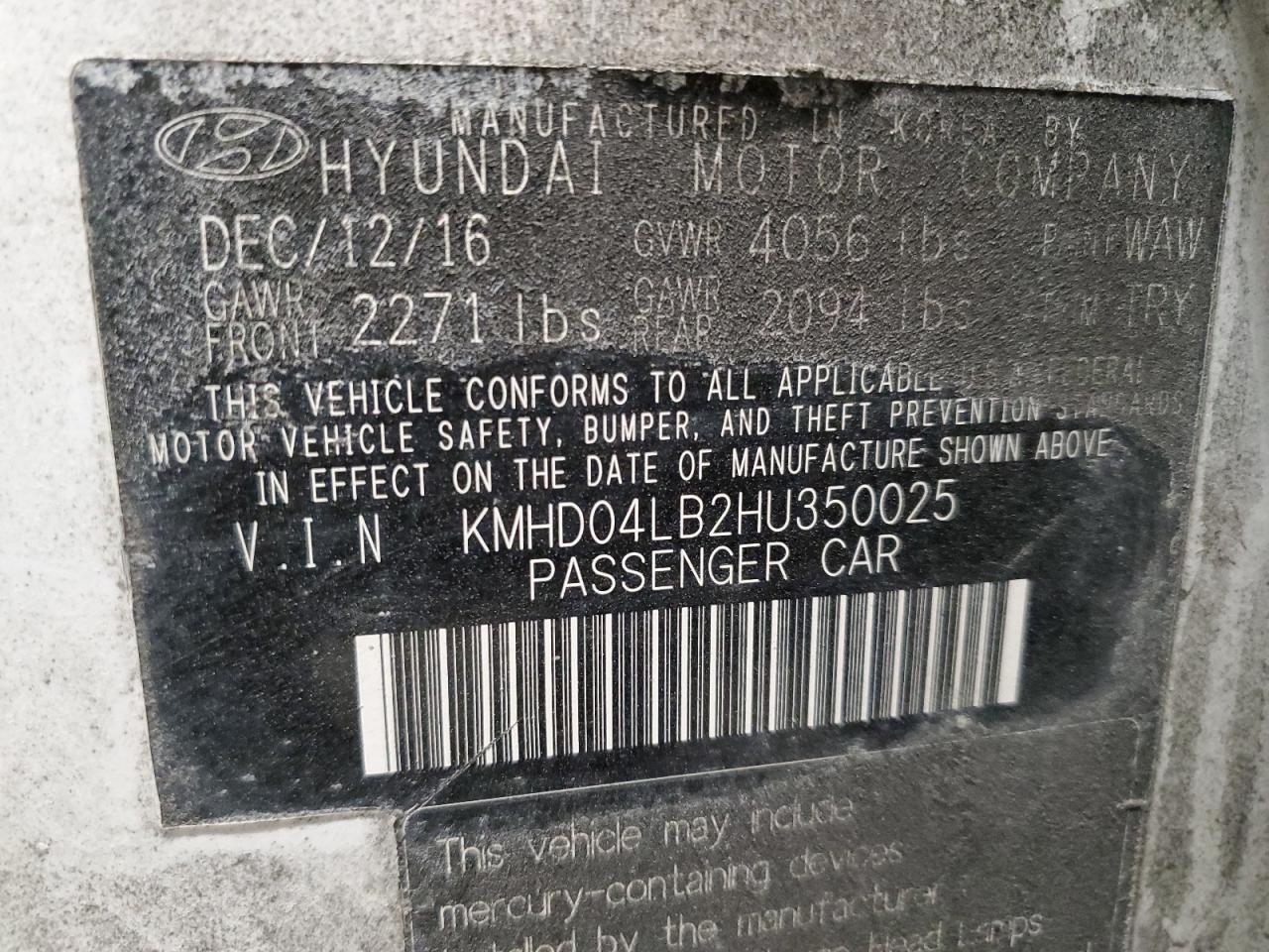 2017 Hyundai Elantra VIN KMHD04LB2HU350025 Copart auction photo, side damage thumbnail 13