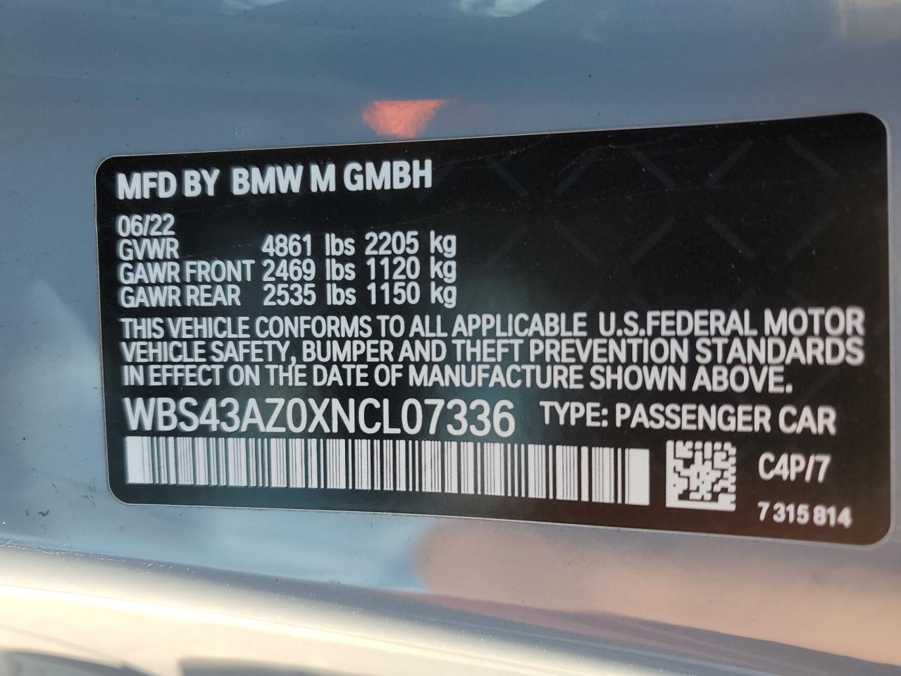 2022 BMW M4 VIN WBS43AZ0XNCL07336 Copart auction photo, front end / undercarriage damage thumbnail 12
