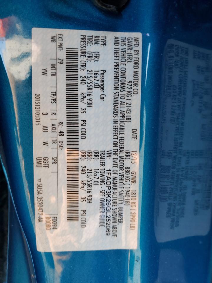 2016 Ford Focus VIN 1FADP3K26GL252069 Copart auction photo, front end damage thumbnail 15