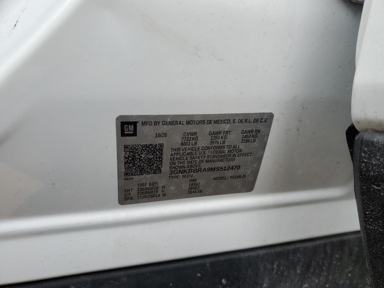 2021 Chevrolet Blazer VIN 3GNKBBRA9MS512470 Copart auction photo, front end / rear end damage thumbnail 13