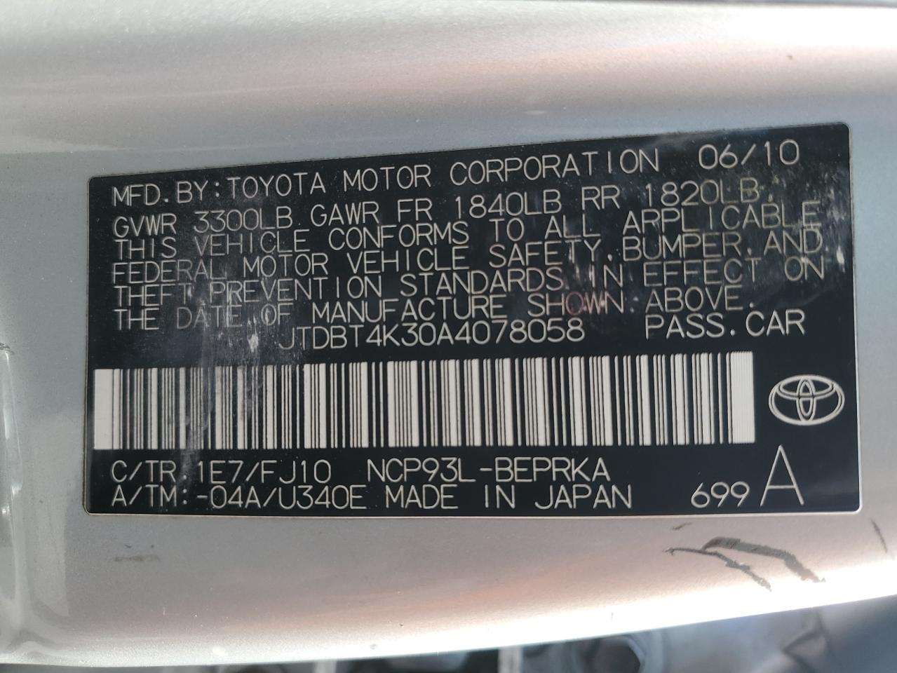 2010 Toyota Yaris VIN JTDBT4K30A4078058 Copart auction photo, all over damage thumbnail 12