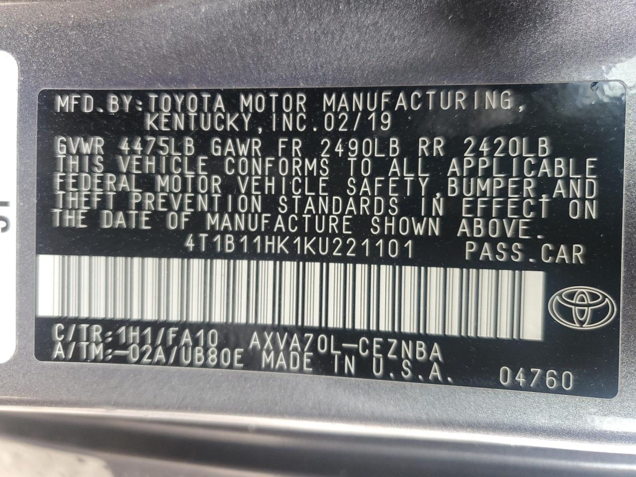 2019 Toyota Camry VIN 4T1B11HK1KU221101 Copart auction photo, side damage thumbnail 14