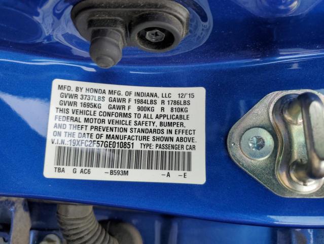 2016 Honda Civic VIN 19XFC2F57GE010851 Copart auction photo, rear end / side damage thumbnail 13