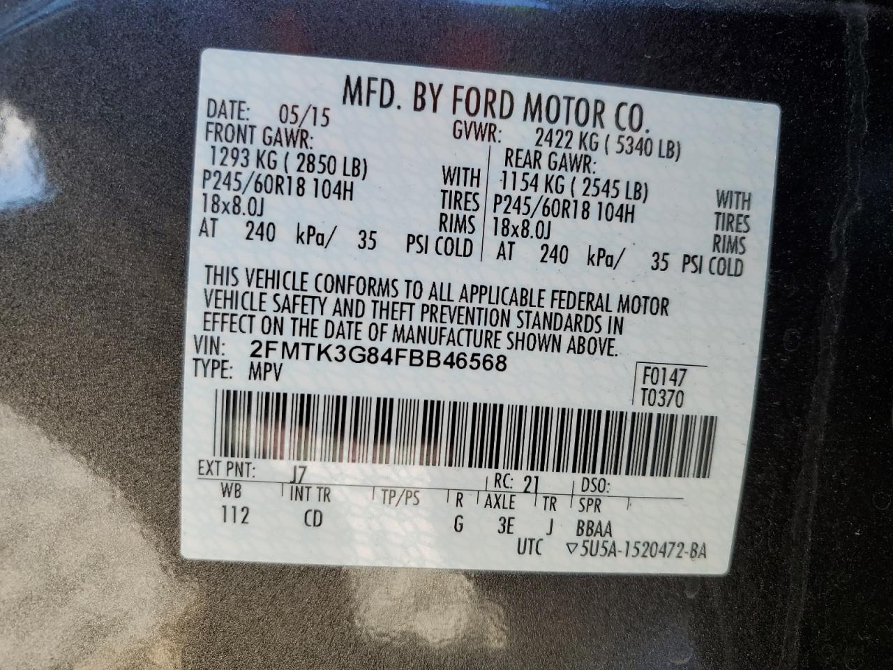 2015 Ford Edge VIN 2FMTK3G84FBB46568 Copart auction photo, front end damage thumbnail 16