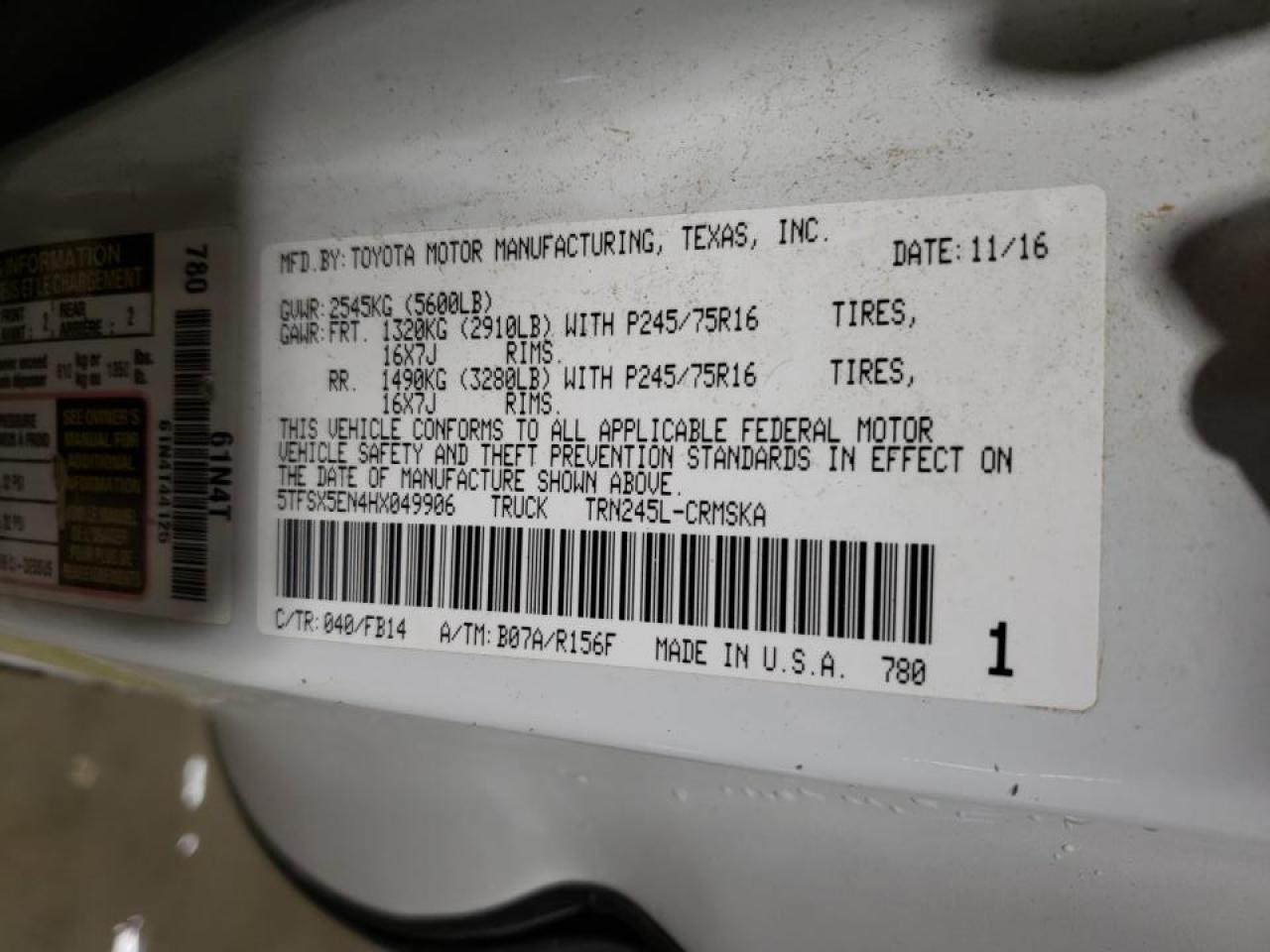2017 Toyota Tacoma VIN 5TFSX5EN4HX049906 Copart auction photo, front end / rear end damage thumbnail 13