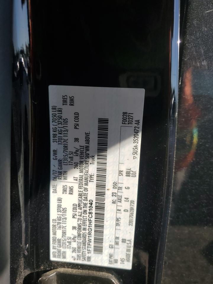 2017 Ford F-150 VIN 1FTFW1RG1HFC81040 Copart auction photo, front end damage thumbnail 12