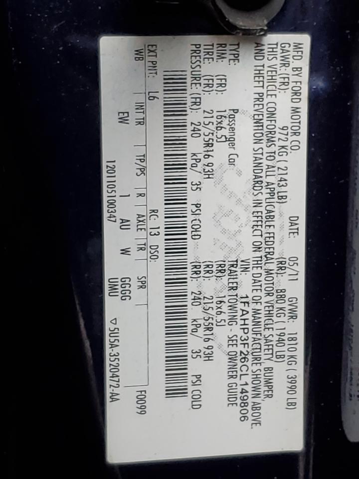 2012 Ford Focus VIN 1FAHP3F26CL149806 Copart auction photo, front end / undercarriage damage thumbnail 12