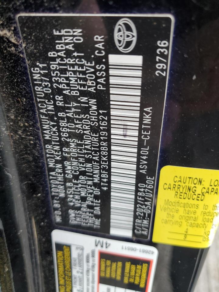 2011 Toyota Camry VIN 4T4BF3EK8BR191621 Copart auction photo, mechanical / normal wear damage thumbnail 12