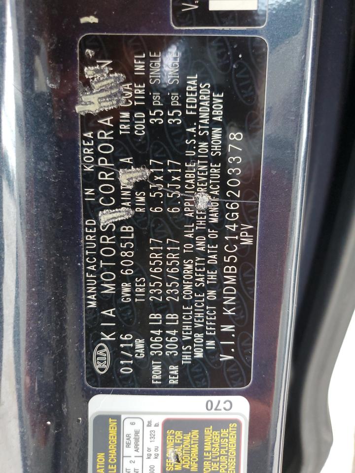 2016 KIA Sedona VIN KNDMB5C14G6203378 Copart auction photo, rear end damage thumbnail 13