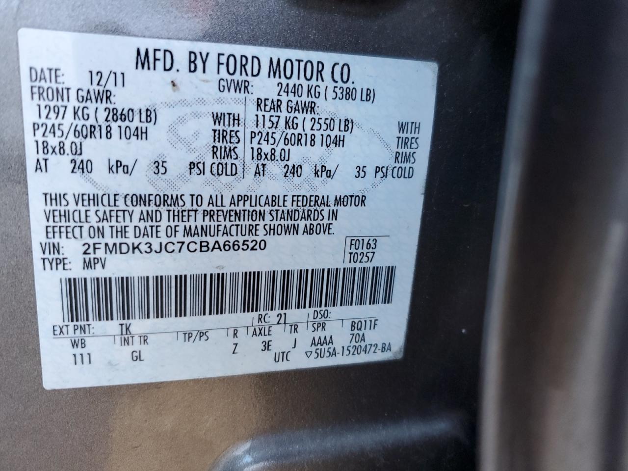 2012 Ford Edge VIN 2FMDK3JC7CBA66520 Copart auction photo, side damage thumbnail 14