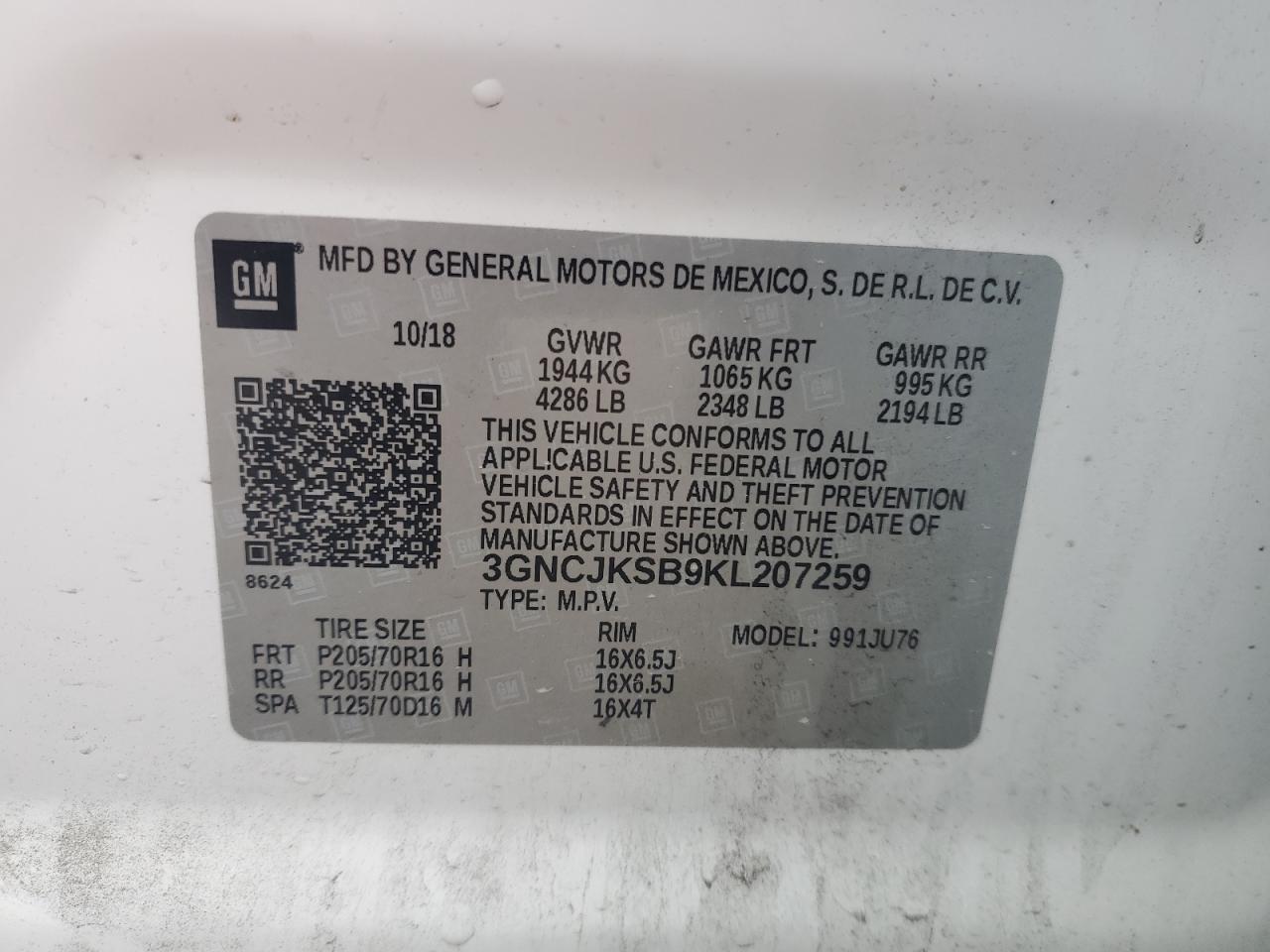 2019 Chevrolet Trax VIN 3GNCJKSB9KL207259 Copart auction photo, front end / minor dent/scratches damage thumbnail 15
