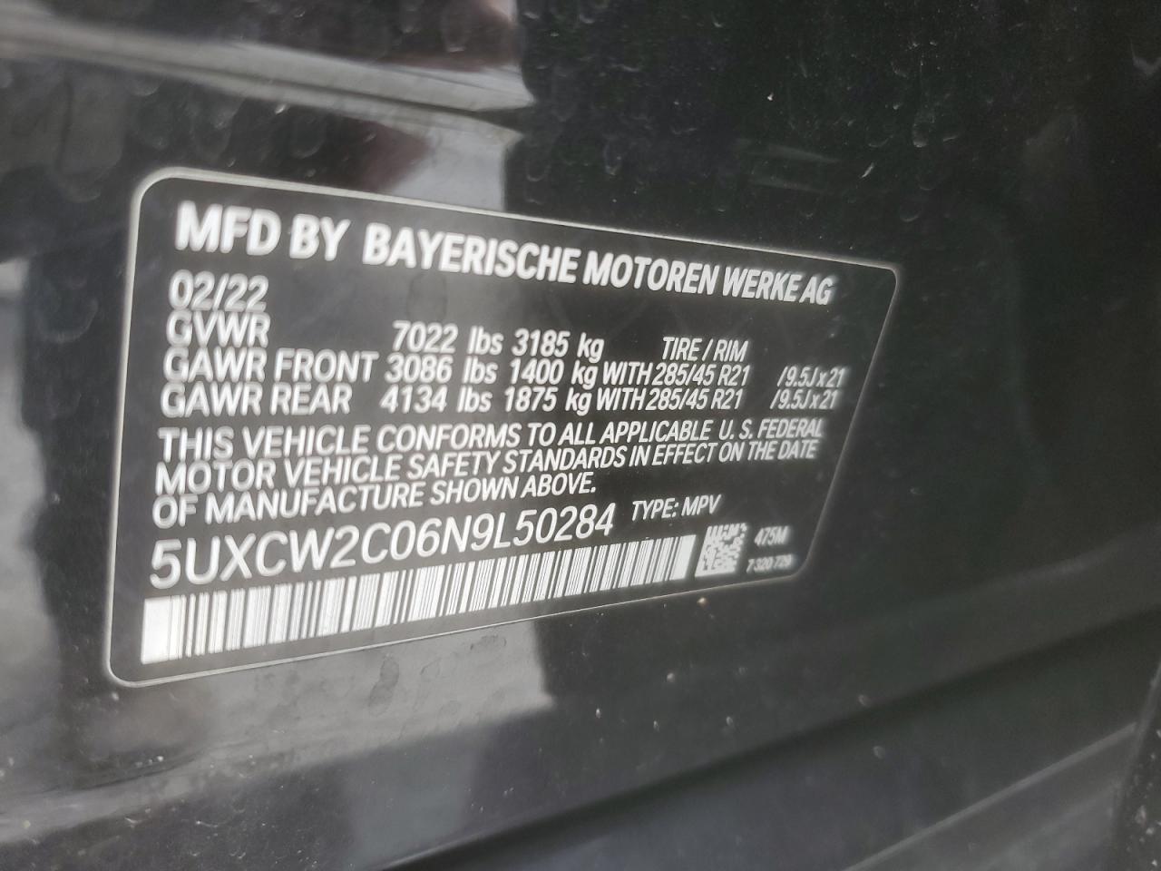 2022 BMW X7 VIN 5UXCW2C06N9L50284 Copart auction photo, front end damage thumbnail 16