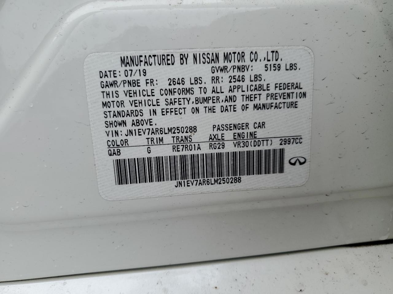 2020 Infiniti Q50 VIN JN1EV7AR6LM250288 Copart auction photo, all over damage thumbnail 14
