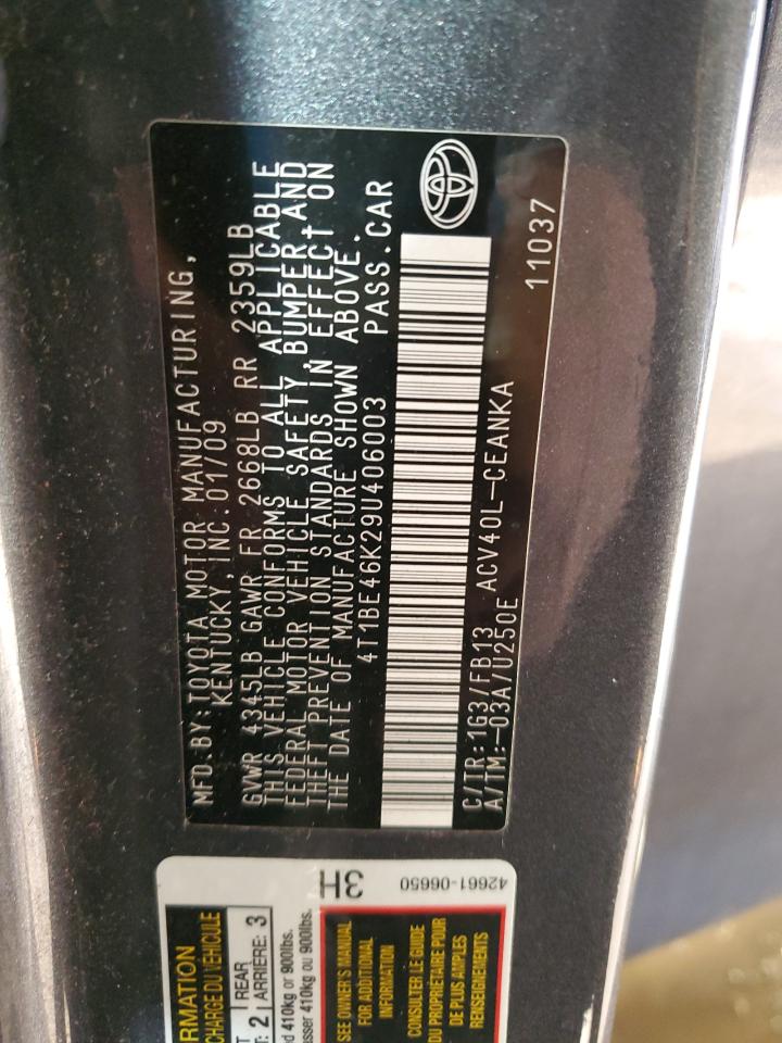 2009 Toyota Camry VIN 4T1BE46K29U406003 Copart auction photo, front end / rear end damage thumbnail 12