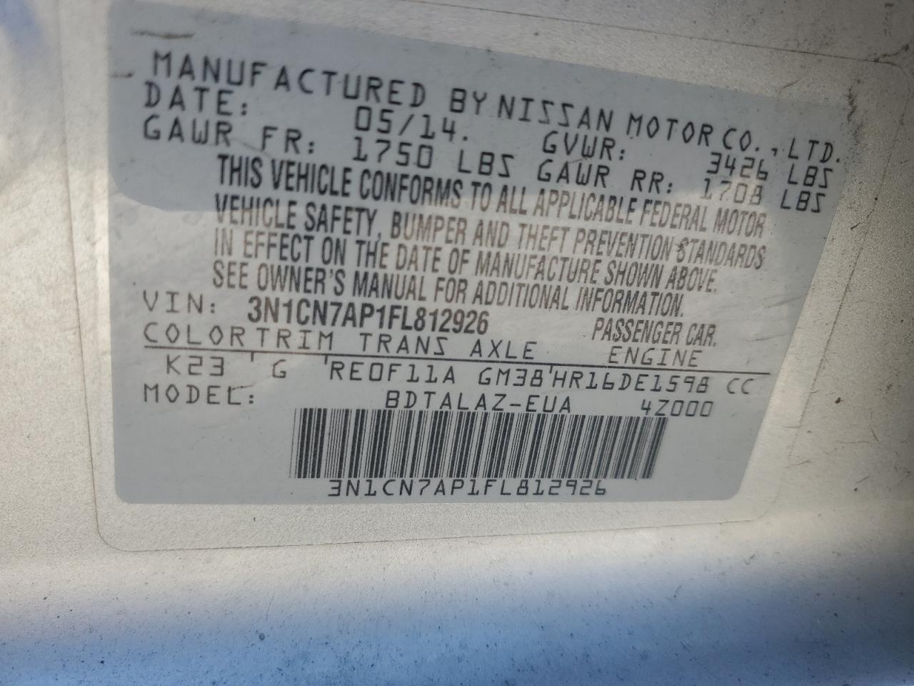 2015 Nissan Versa VIN 3N1CN7AP1FL812926 Copart auction photo, front end / rear end damage thumbnail 12