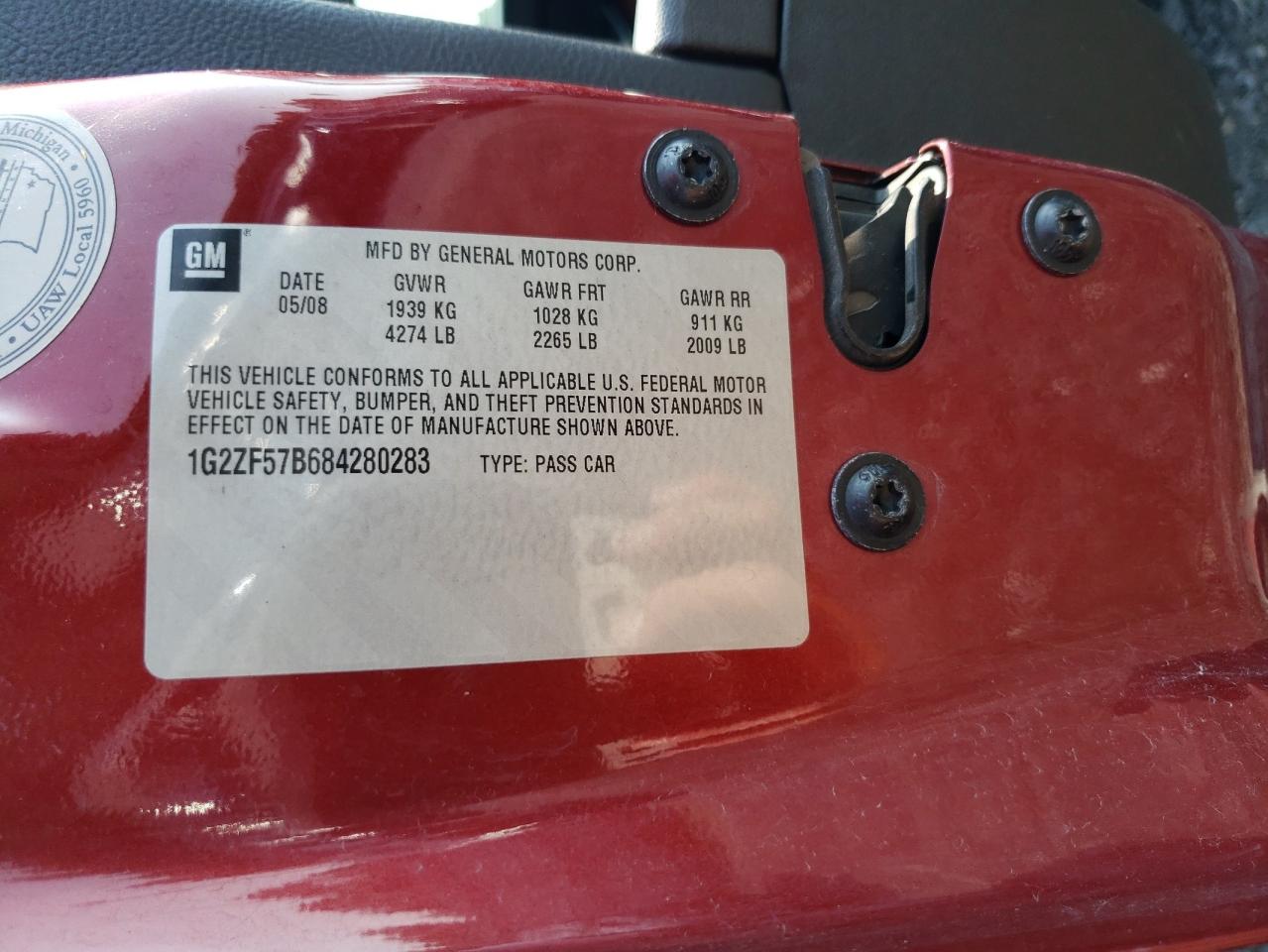 2008 Pontiac G6 VIN 1G2ZF57B684280283 Copart auction photo, front end damage thumbnail 14