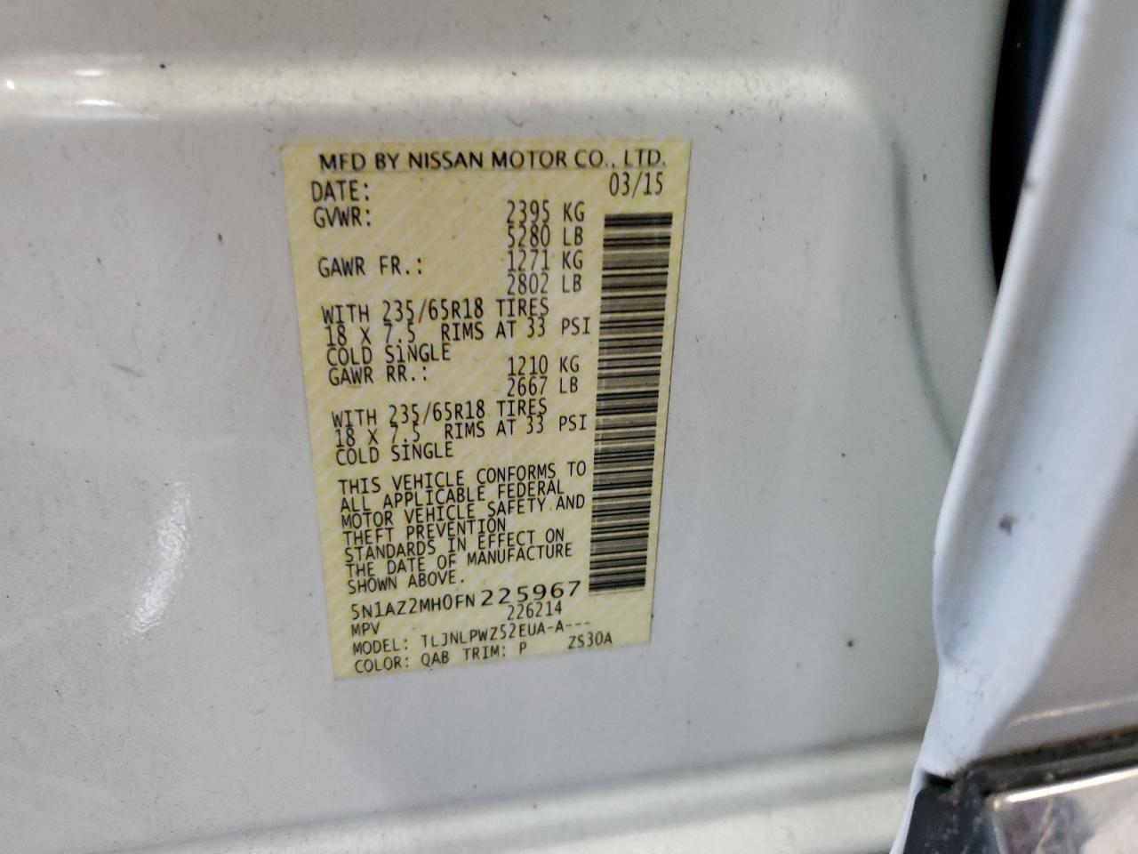 2015 Nissan Murano VIN 5N1AZ2MH0FN225967 Copart auction photo, front end damage thumbnail 13