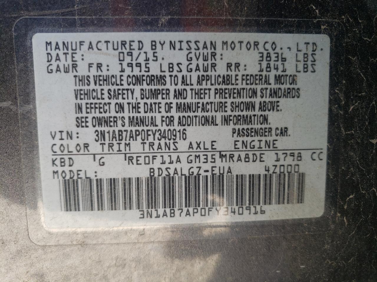 2015 Nissan Sentra VIN 3N1AB7AP0FY340916 Copart auction photo, front end / undercarriage damage thumbnail 12