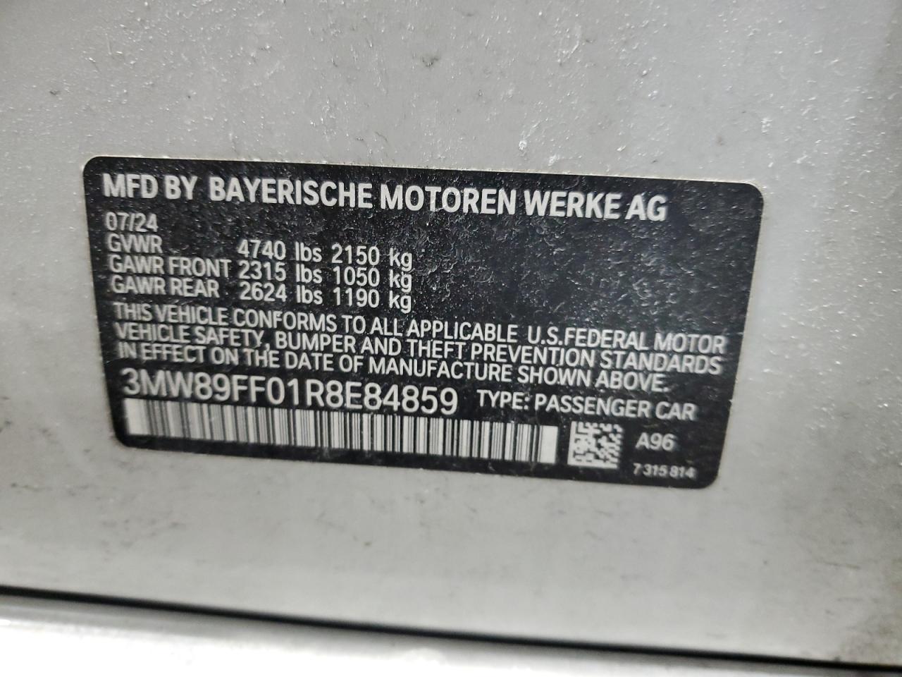 2024 BMW 3er VIN 3MW89FF01R8E84859 Copart auction photo, rear end / minor dent/scratches damage thumbnail 13