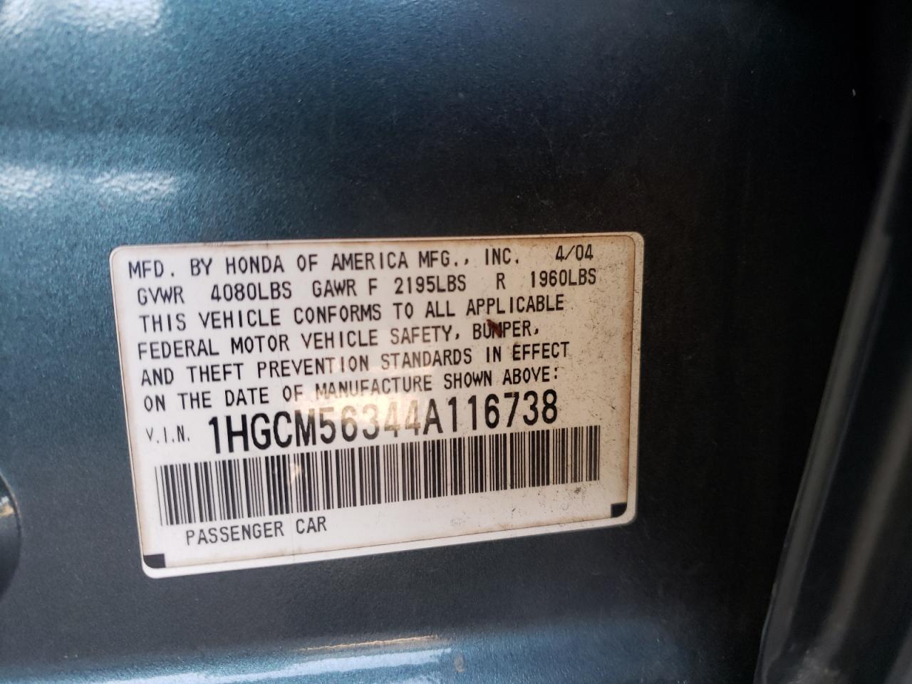 2004 Honda Accord VIN 1HGCM56344A116738 Copart auction photo, rear end damage thumbnail 14