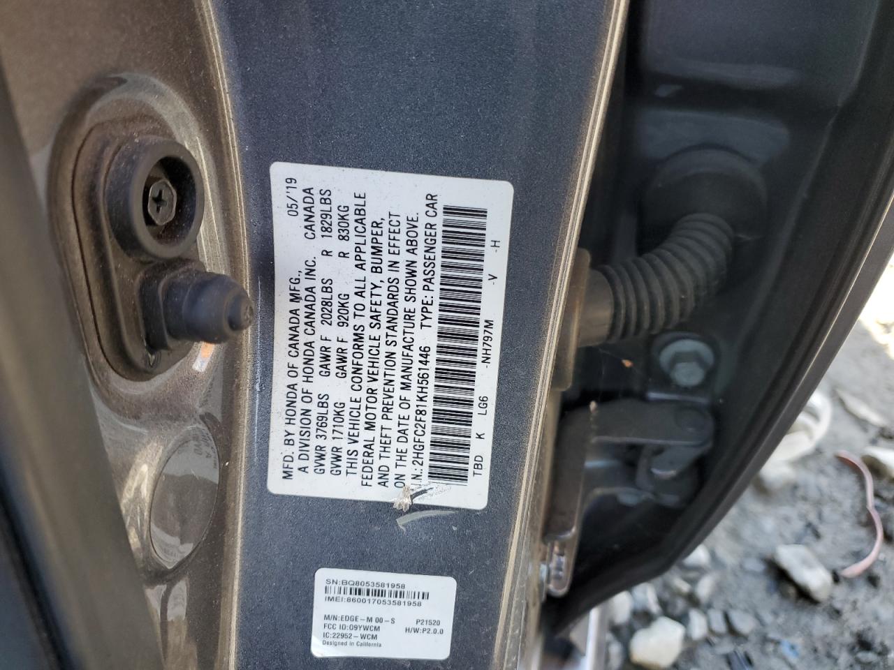 2019 Honda Civic VIN 2HGFC2F81KH561446 Copart auction photo, front end / side damage thumbnail 14