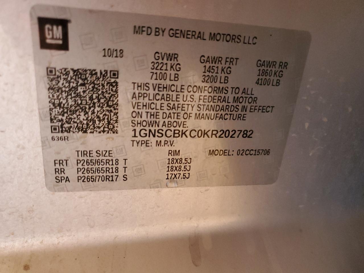 2019 Chevrolet Tahoe VIN 1GNSCBKC0KR202782 Copart auction photo, normal wear / minor dent/scratches damage thumbnail 15