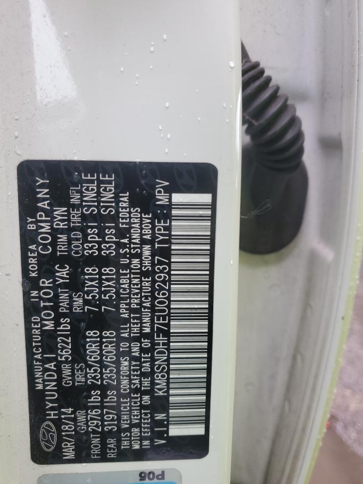 2014 Hyundai Santa Fe VIN KM8SNDHF7EU062937 Copart auction photo, front end damage thumbnail 13