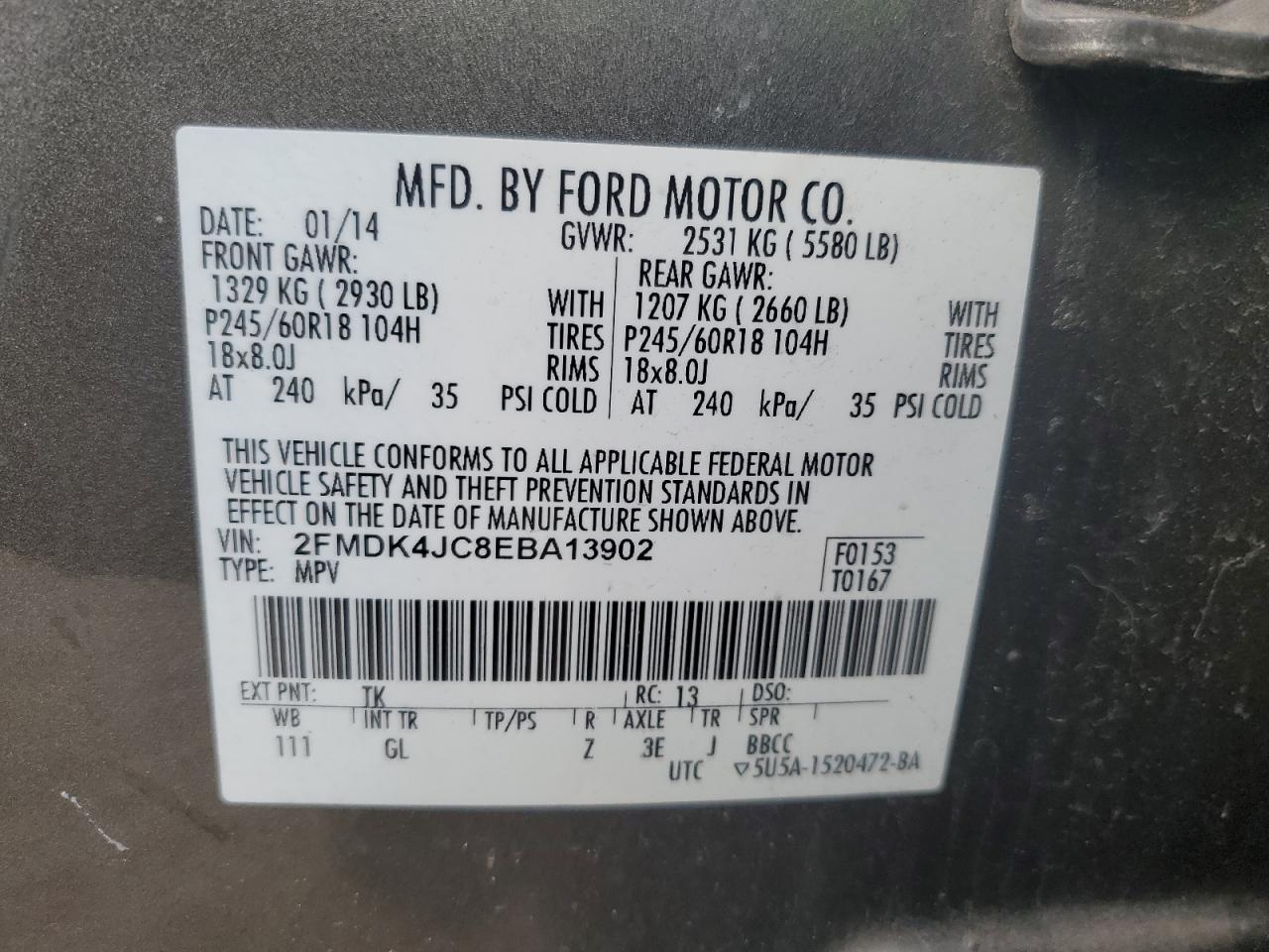 2014 Ford Edge VIN 2FMDK4JC8EBA13902 Copart auction photo, front end damage thumbnail 16