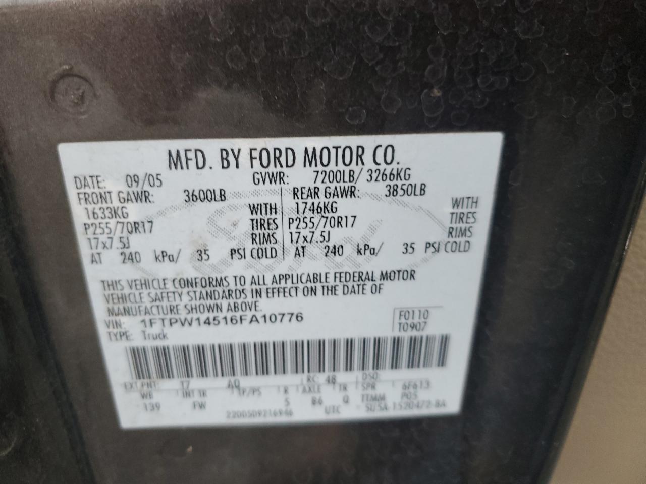 2006 Ford F-150 VIN 1FTPW14516FA10776 Copart auction photo, front end damage thumbnail 13
